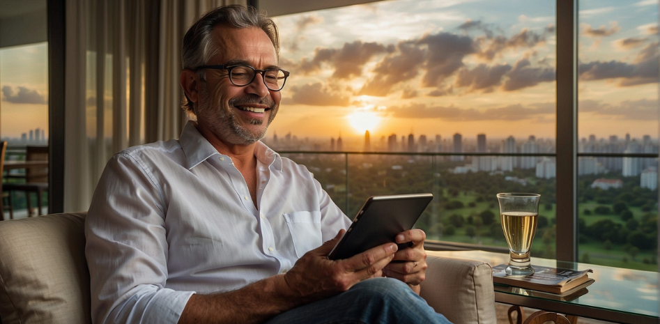 Uma imagem hiperrealística de um homem bem sucedido, relaxado e feliz, segurando um tablet e avaliando os ganhos com renda passiva, com imóveis ao fundo
