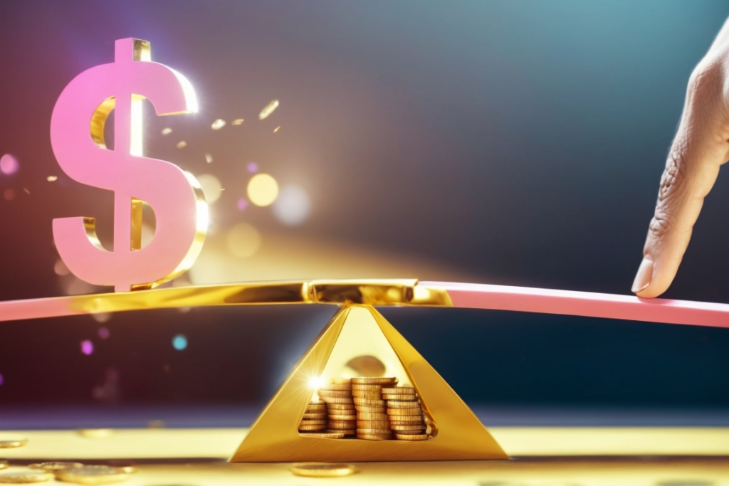 Uma balança com um dedo apoiado de um lado e de outro um cifrão, ilustrando a alavancagem com consórcio