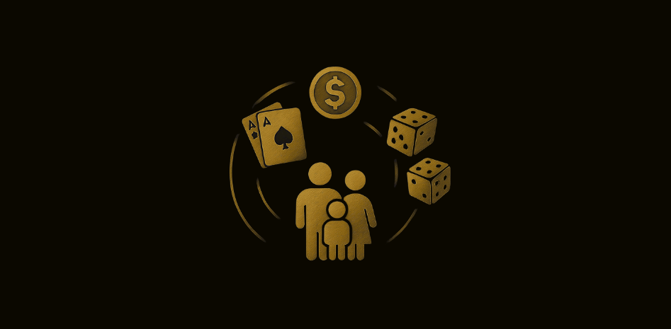 Uma família cercada por dados e cartas em forma de armadilha reperesetando o perigo das apostas online