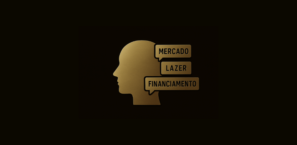 Cabeça em perfil, dividida por linhas internas em áreas como "mercado", "lazer", "fianciamento", mostrando a segmentação da contabilidade mental.
