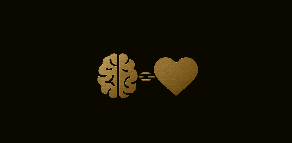 ícone minimalista de um cérebro ligado por uma corrente fina a um coração simples, ambos com traços limpos e neutros, representando o efeito dotação