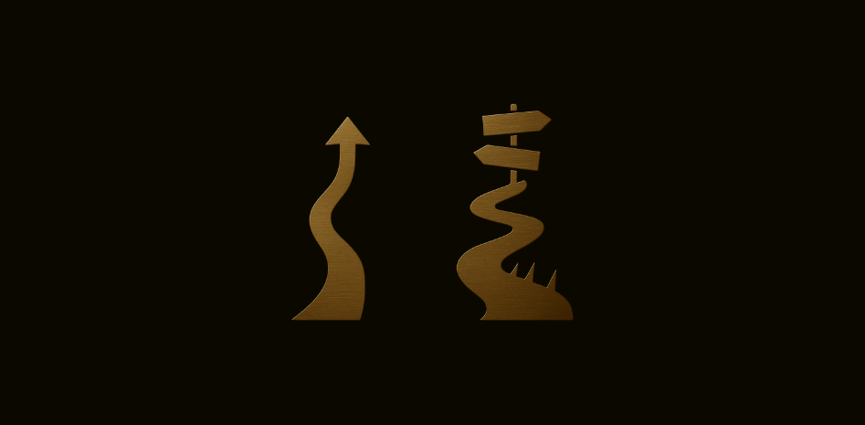 Ilustração de dois caminhos: à esquerda, um *nudge* com seta clara e caminho simples; à direita, um *sludge* com placas confusas e obstáculos no trajeto.