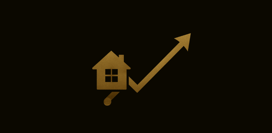 Gráfico dourado minimalista com uma casa e uma seta ascendente sobre fundo preto, representando a valorização imobiliária e o motivo de por que imóvel é tão caro no Brasil.