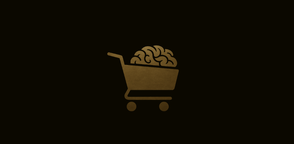 Cérebro dentro de um carrinho de compras dourado sobre fundo preto, simbolizando como a Black Friday usa gatilhos psicológicos para influenciar decisões de compra.
