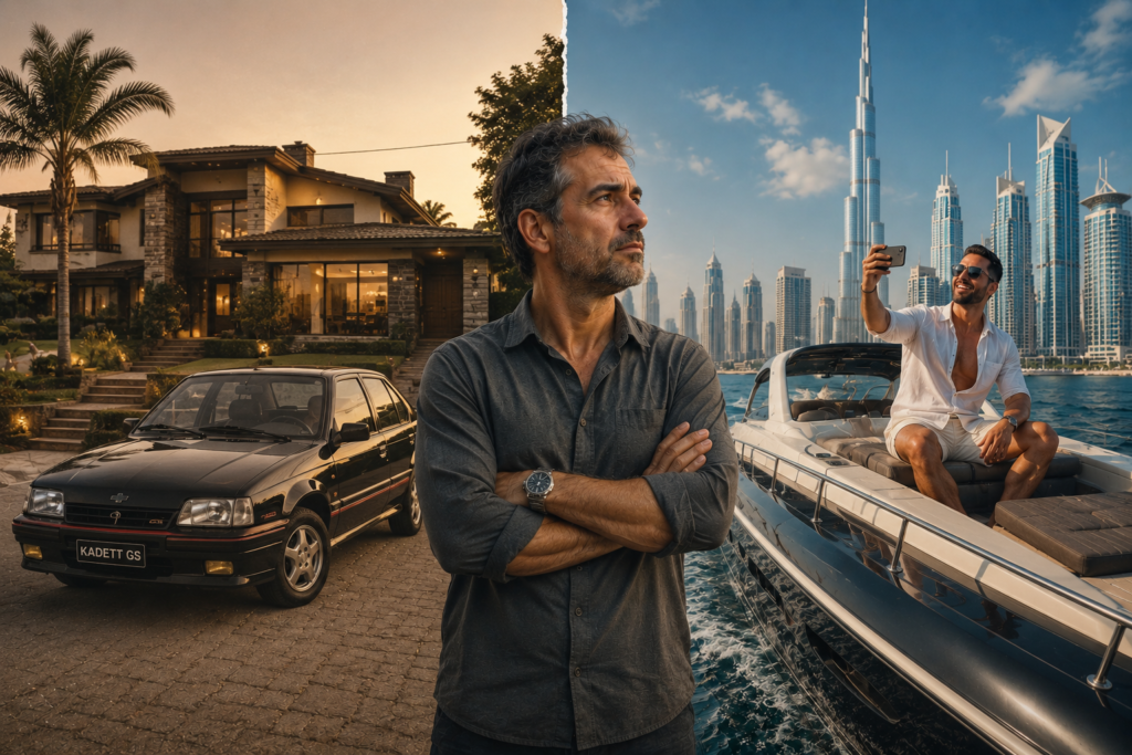 Imagem criada por IA de uma homem entre duas imagens, uma dos anos 1990 e outra atualmente, simbolizando que a comparação provoca o perda do poder de compra